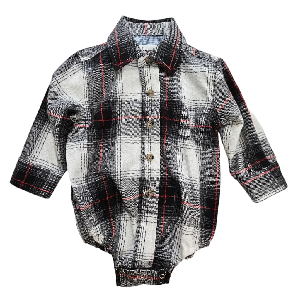 Nwot Sovereign Code Boys Black/Red/White/Gray Plaid Flannel Collared Onsie